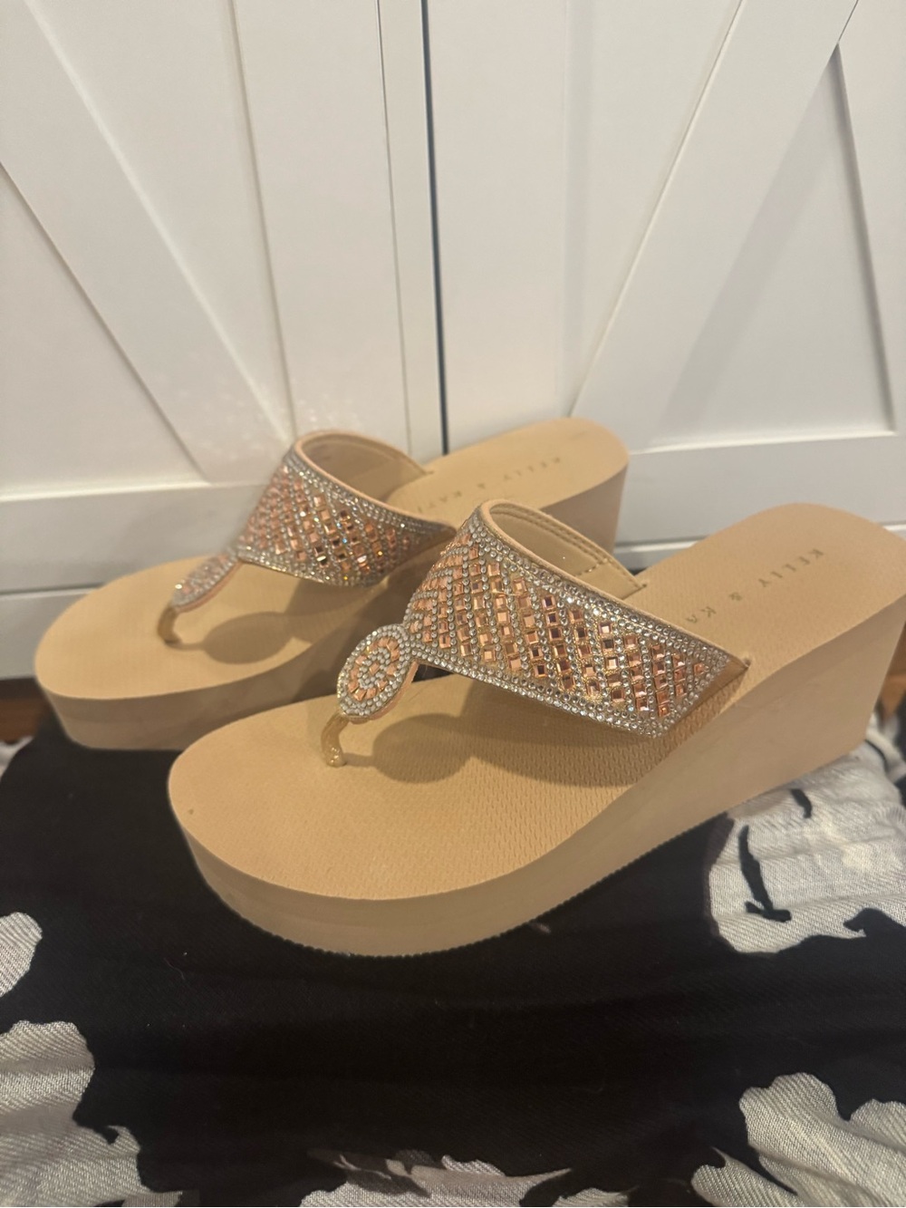 Kelly & Katie Beige Rhinestone Wedge Thong Sandals